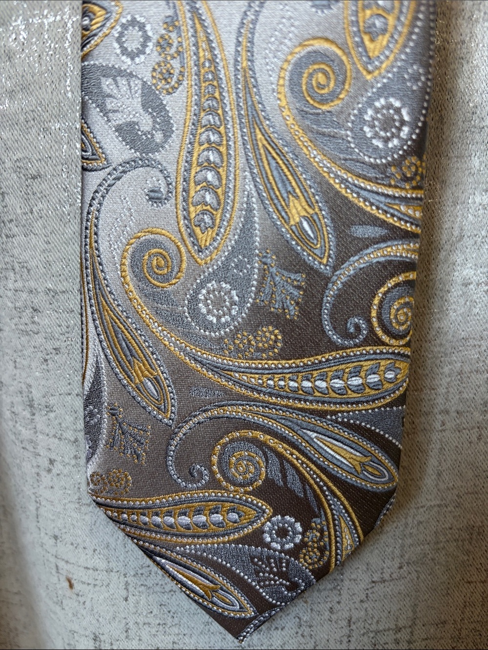 Geoffrey Beene Grey and Gold Paisley Silk Tie